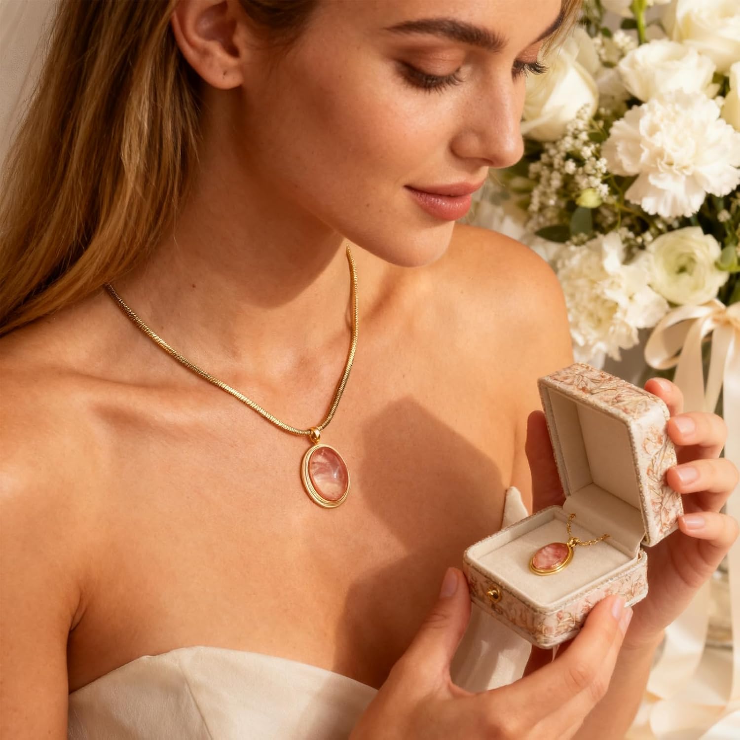 Sonateomber Gold Stone Pendant Necklace for Women, Chunky Statement Dainty Heart Oval Natural Gemstone Dangle Necklaces Wedding Prom Accessories Fashion Jewelry Gift - Image 2