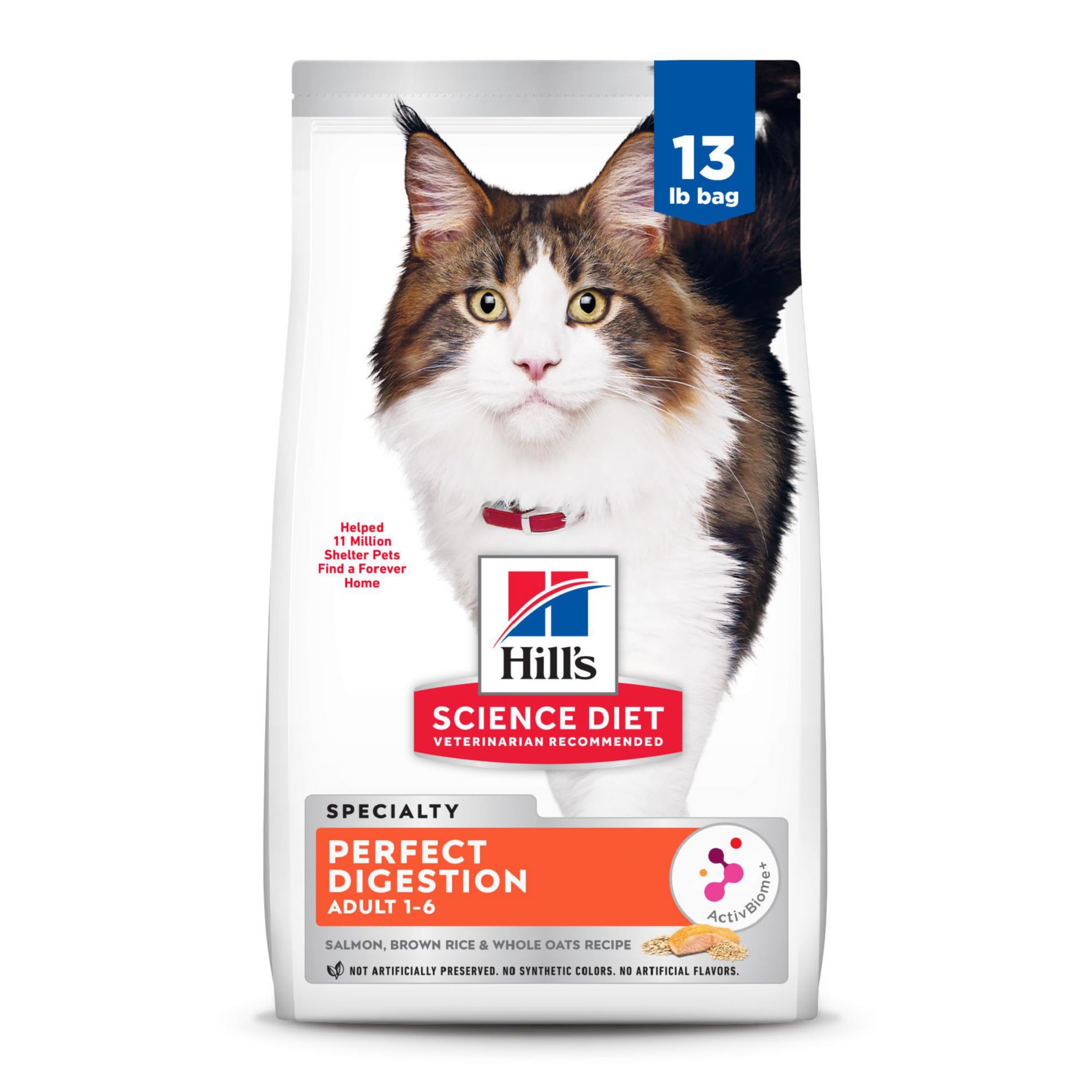 Hill's Science Diet Perfect Digestion, Adult 1-6, Digestive Support, Dry Cat Food, Salmon, Brown Rice, & Whole Oats, 13 lb Bag