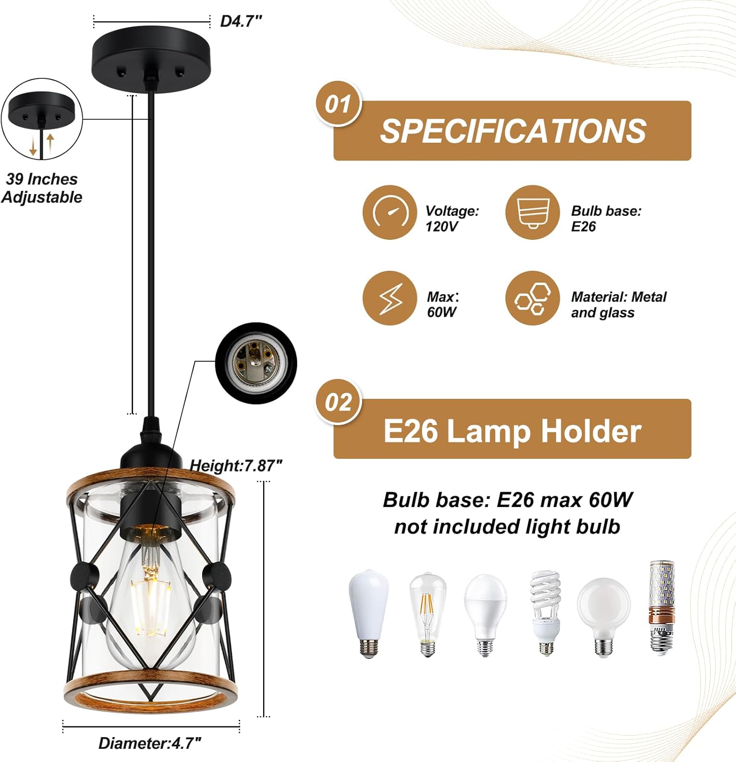 Farmhouse Pendant Light, Rustic Pendant Lights Kitchen Island, Pendent Light with Wooden Frame, Metal Case, E26 Bulb Base (Wood-3P, 3 Pack)