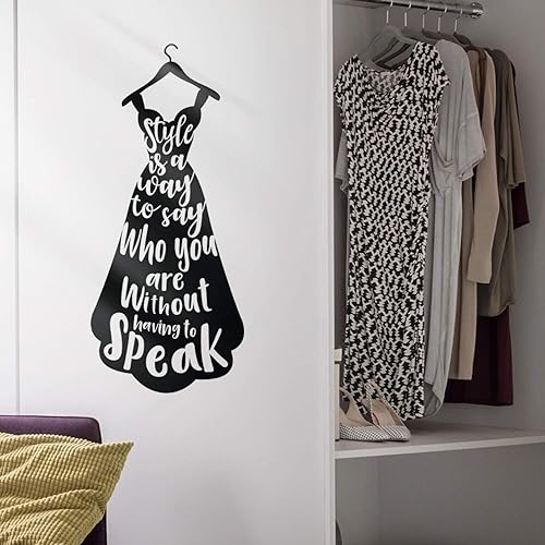 Calcomanía de vinilo para pared, estilo es una manera de decir quién eres, 35 x 15.5 pulgadas, silueta de vestido de moda para mujer, citas para el