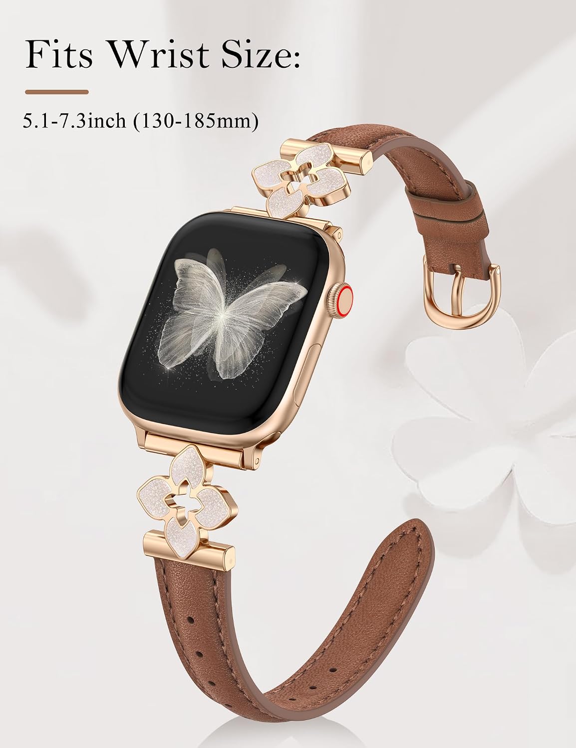Minyee Compatible with Apple Watch Band 42/41/40/38/44/45/46/49mm Women, Slim Dressy Chic Premium Soft Leather Strap with Bling Dainty Flower Charm for iWatch Series 11 10 9 8 7 6 5 4 Ultra/SE 3 2 1 image 4