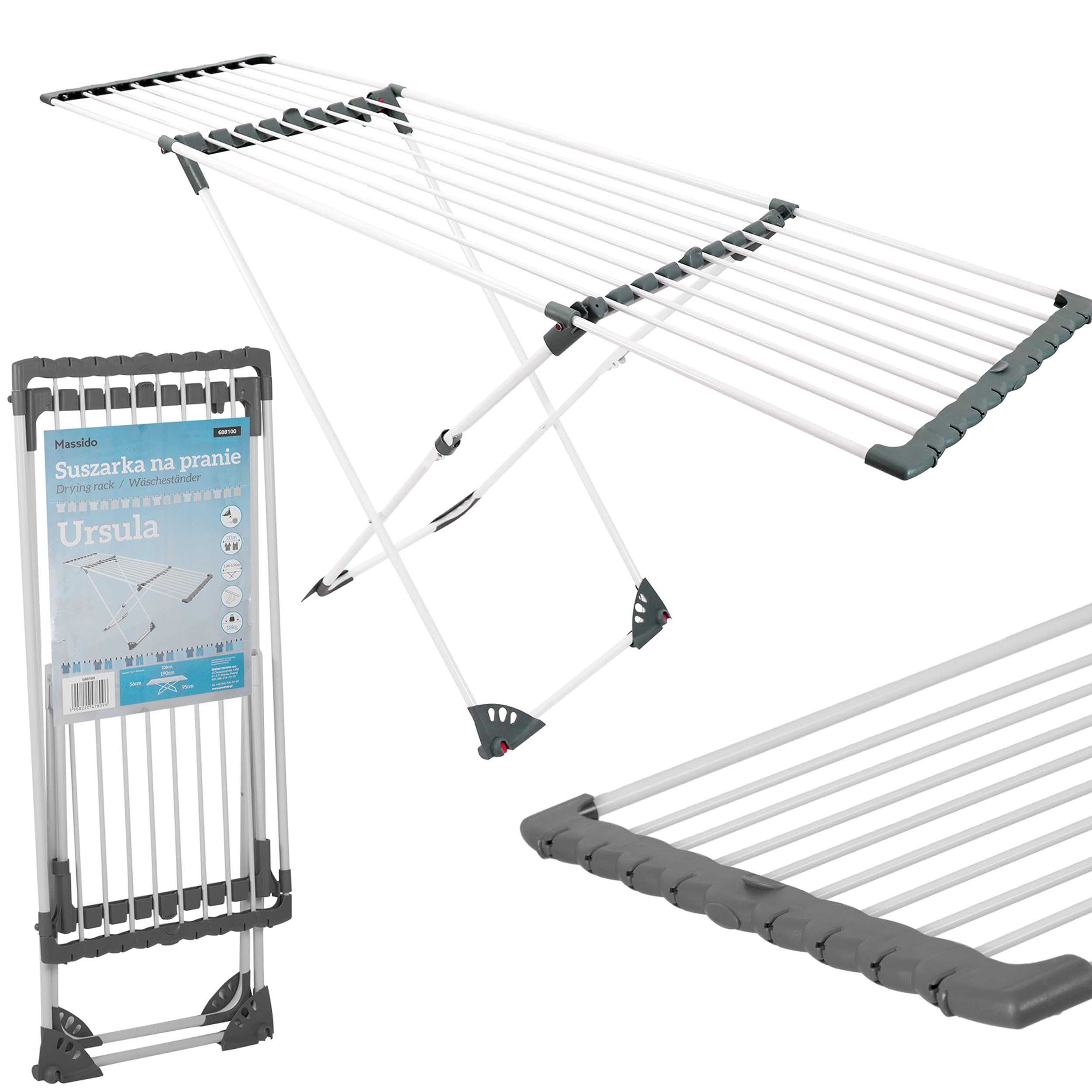 Wäscheständer Mit Rollen Ausziehbar Teleskopisch Wäscheflügeltrockner Wäschetrockner Ständer Stabiler Standtrockner Trockenfläche 20 M Ursula 108-190 x 56 x 95 cm