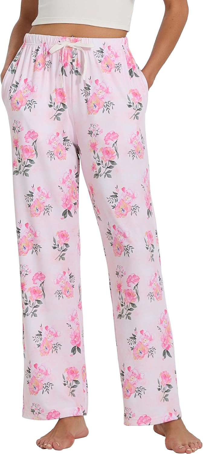 LYCY Women's Floral Print Pajama Pants, Soft Stretchy Pajamas Bottoms with Pockets for Lounging