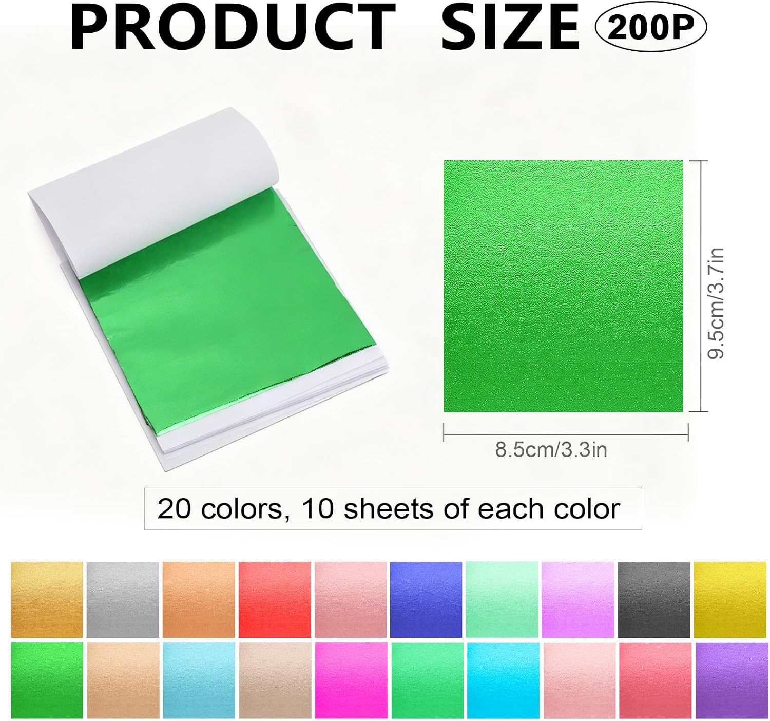 200 Sheets Gold Leaf Sheets 20 Colors, Colorful Gold Foil Imitation Leaf Paper for Arts Decoration, DIY Crafts, Paintings, Nails, Furniture Decoration (3.15 x 3.35 Inches)
