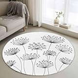 Gusidachig Round Area Rug 3ft, Black Dandelion Non-Slip Area Rugs for Living Room/Bedroom/Bathroom/Kitchen, Country Modern Minimalist Flower Washable Throw Floor Mat Indoor Outdoor Entrance Doormat