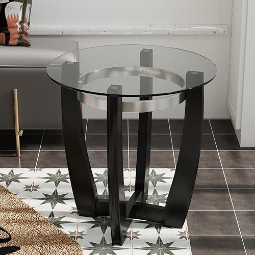 Miniatura 10 de MODERION Mesa auxiliar de vidrio con base de madera maciza para sala de estar mesa central ovalada mesa de té transparente resistente y moderna 433