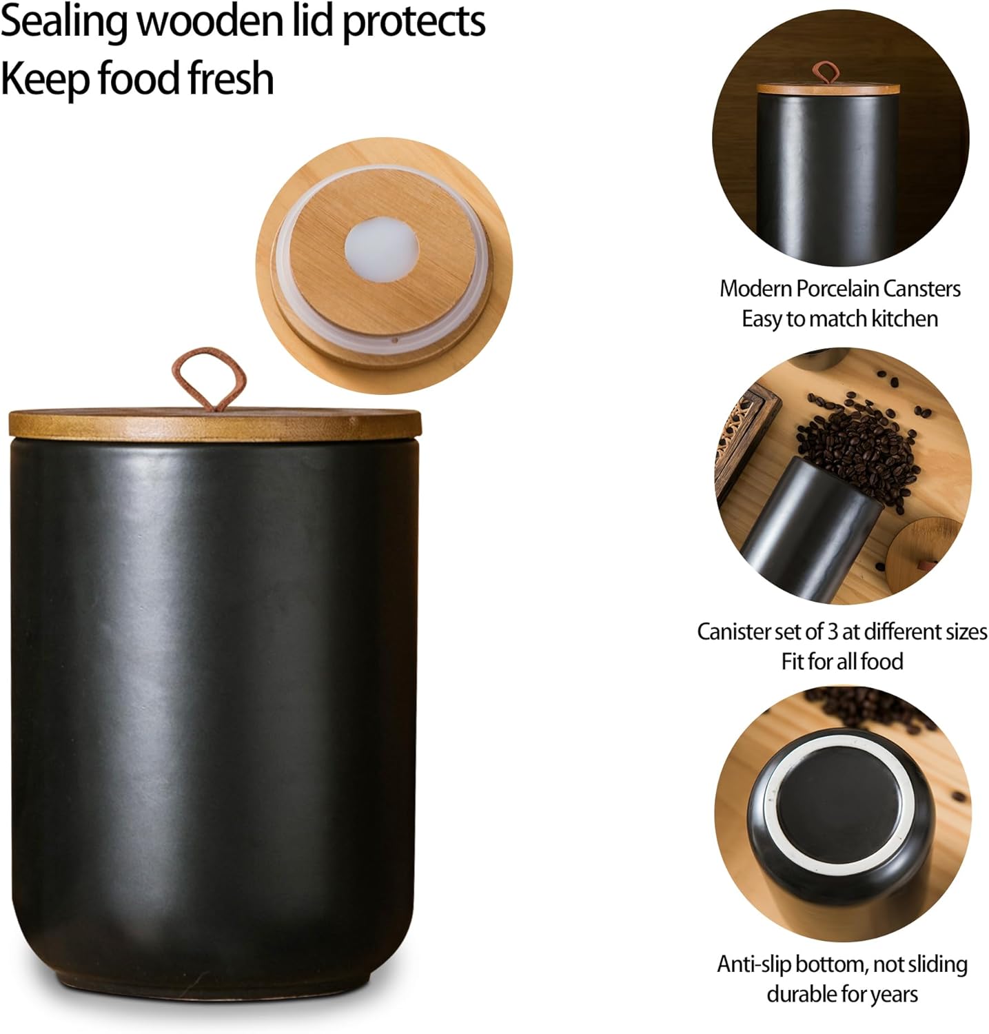 Black Canister Sets for Kitchen, 3pcs Ceramic Canisters with Airtight Wooden Lid, Food Storage Jar, Large Kitchen Storage Containers for Serving Coffee Beans, Tea, Sugar, Salt, Spices