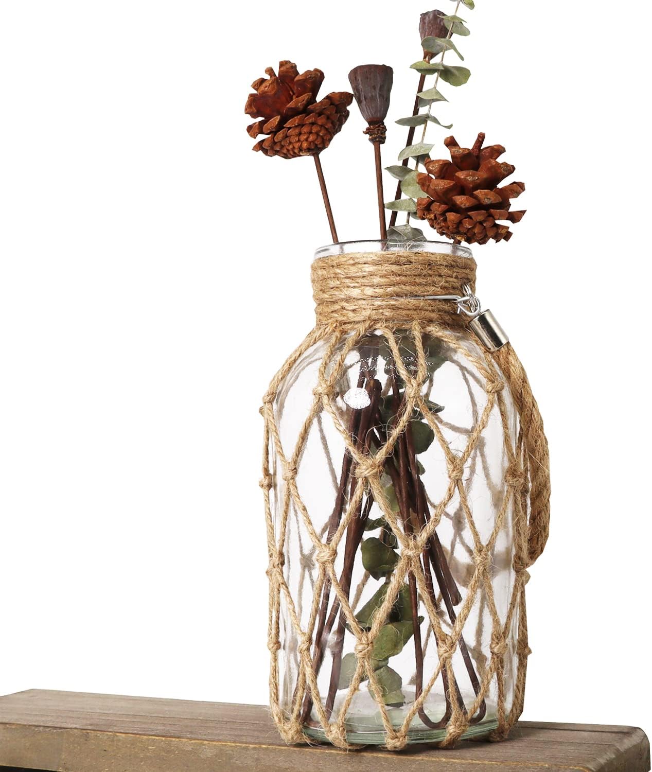Rustic Hanging Mason Jar Creative Rope Net Dry Flower Glass Vase with Handle, Hemp Rope and Glass, 8" x 4"