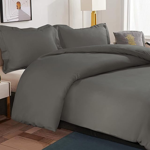 NTBAY 3 Pieces Brushed Microfiber Dark Grey Double Duvet Cover Set, Super Soft Dark Grey Bedding Set, Solid Color Zippered Comforter Cover with Ties and 2 Oxford Pillowcases (Double, Dark Grey)