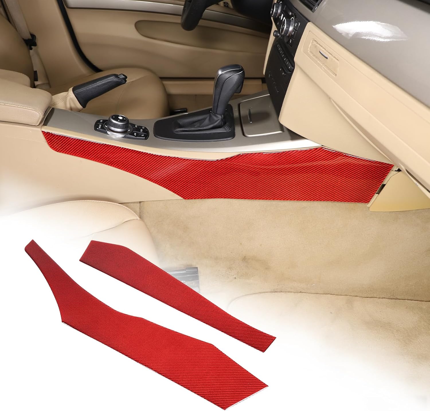 Center Console Elbow Leg Knee Pad Compatible with BMW 3 Series 2005-2012 E90 E91 E92 E93,Carbon Fiber Control Gear Shift Side Panel Sticker Trim 2PCS Interior Accessories (Red Carbon)