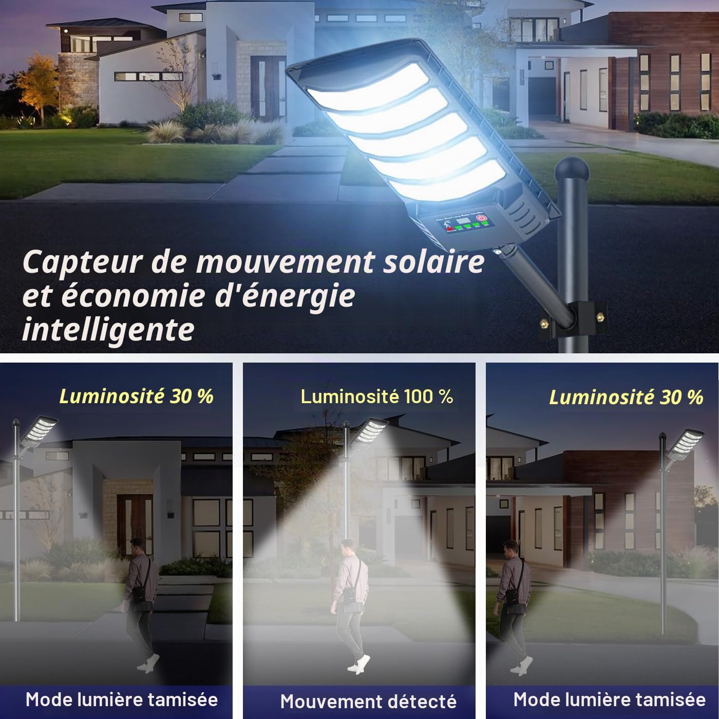 Lumière de Rue Solaire Extérieure, 1000W LED Grande Lampe Solaire pour Parking étanche avec Capteur de Mouvement et Télécommande, 6000K Lumière de Sécurité Extérieure pour Yard et Parking