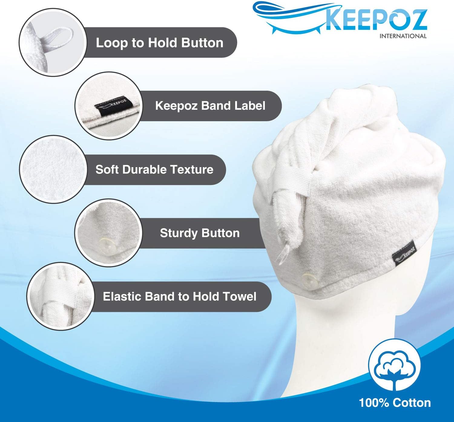 KEEPOZ Hair Towel Wrap Quick Dry 100% Cotton Super Absorbent Turban Head Wrap for Women with Button, Non Microfiber Anti Frizz Hair Products, Hair Cap for Curly, Long & Thick Hair (1Pc)(White) : Beauty & Personal Care