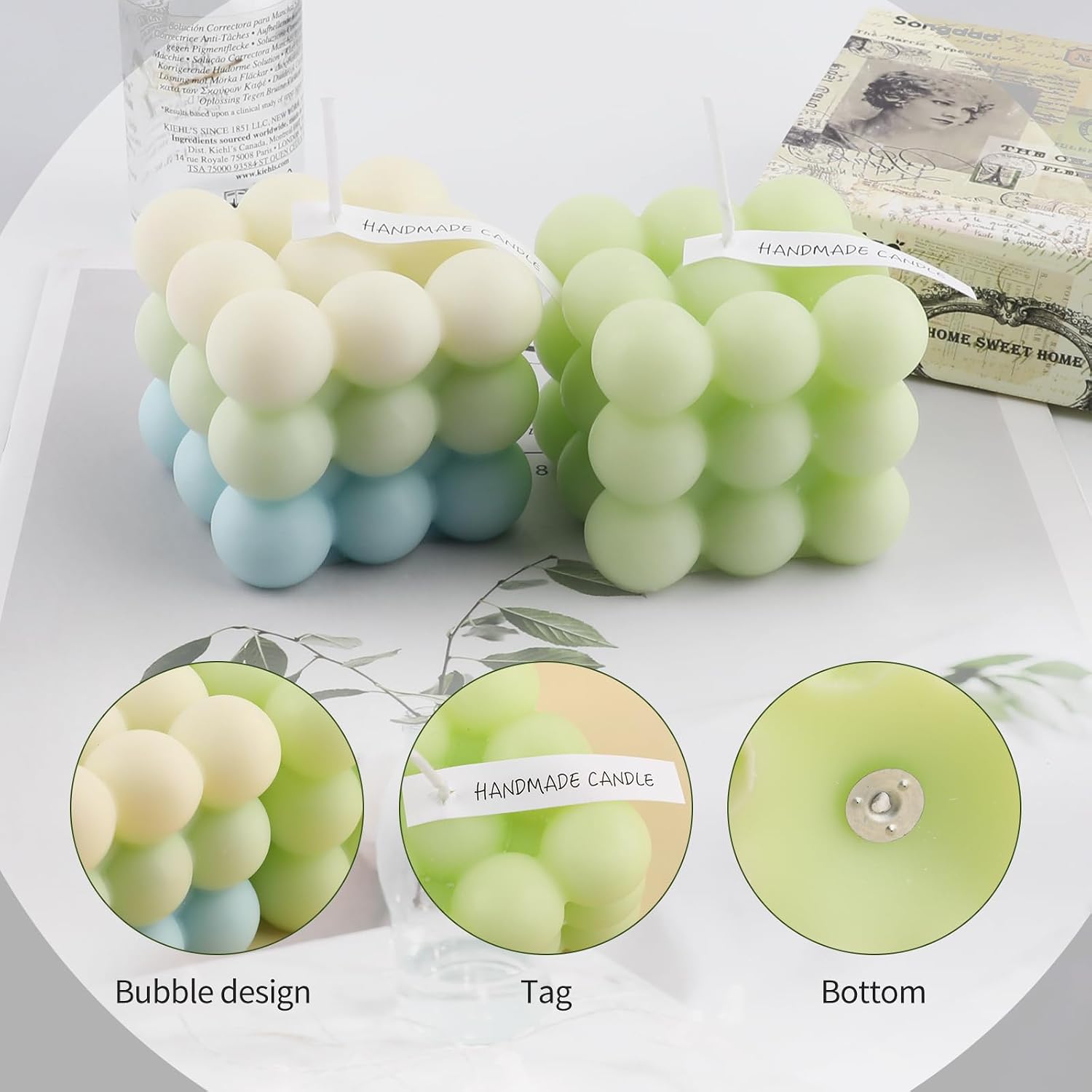 2 Pack Bubble Cube Candles,Handmade Soy Wax Scented Candles, Yuzu Green Tangerine Aroma,Aesthetic Room Decor in Light Green & Gradient Colors, Home Decoration & Gift for Women