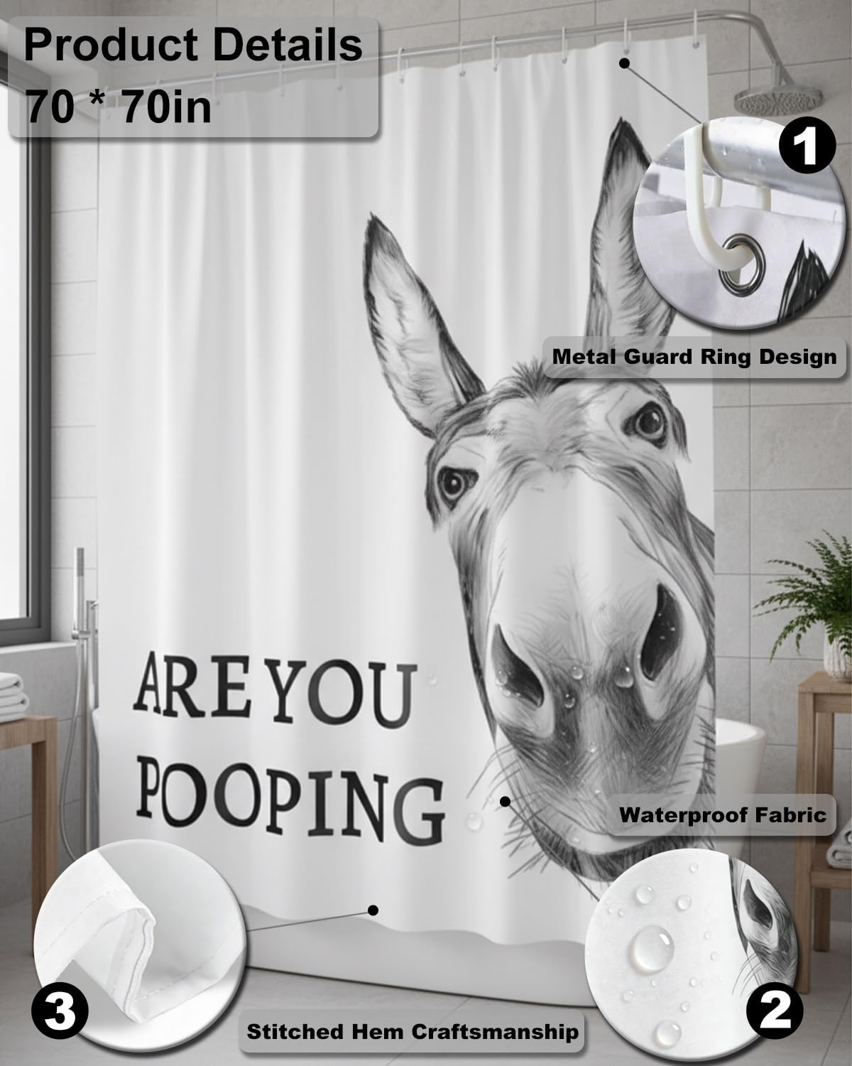 Donkey Shower Curtain Funny Animal Bathroom Decor Waterproof Polyester Fabric Vivid Print Durable Grommets Standard Size Easy Install Humorous Gift Adults Apartment Home Restroom Decoration(70*70in)