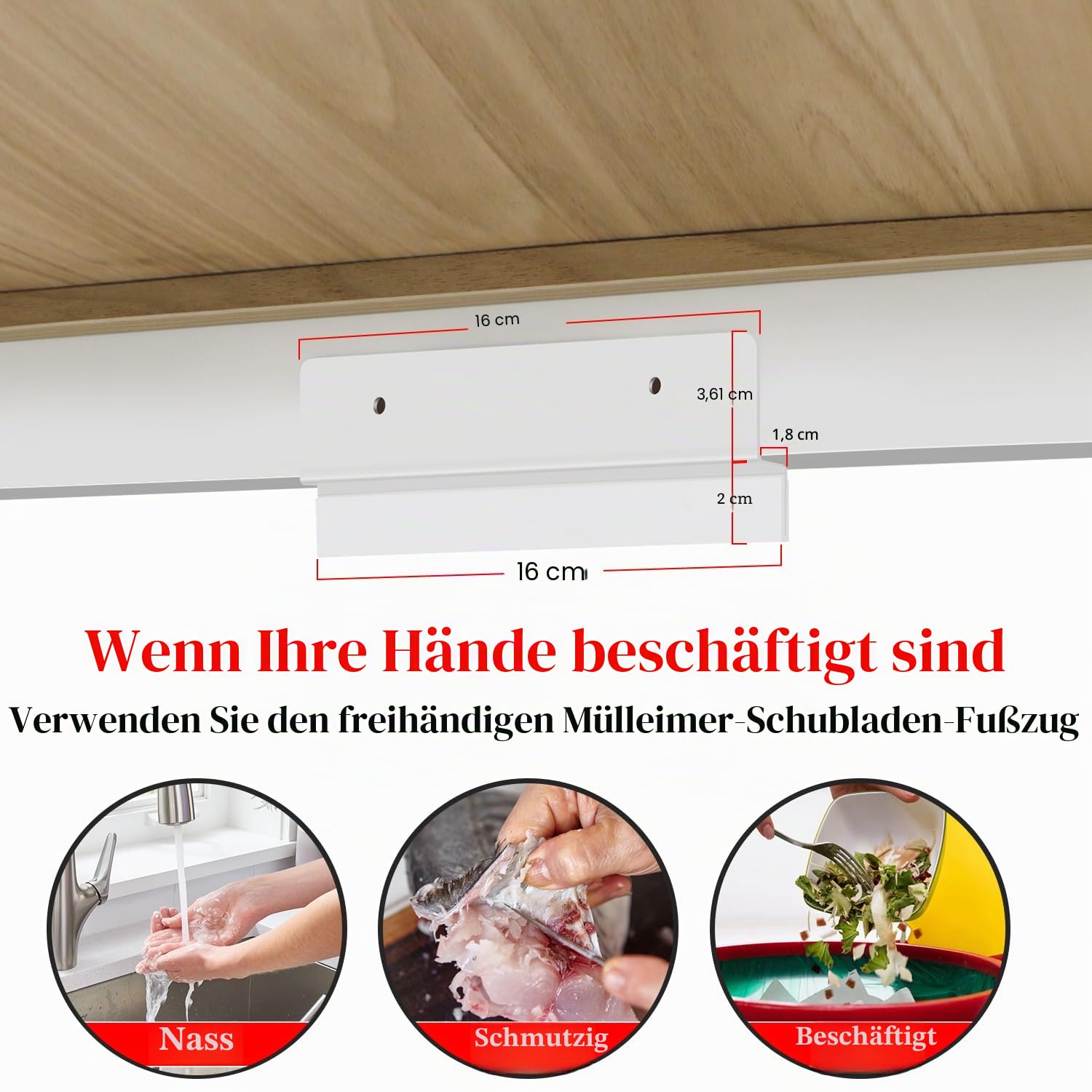 Schrankfußgriff für Müllschublade, freihändiger Müllöffner, langlebiges Edelstahl-Material, Schrankfuß-Design für Schranktüren in Küchen, Waschküche und Müllraum (weiß)