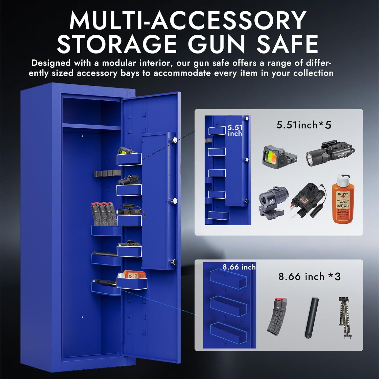 KAER 13-15 Biometric Gun Safe for Home Rifles and Pistols, Large Heavy-Duty Cabinet with Ammo Box, Shelf & Racks, No Assembly,Blue