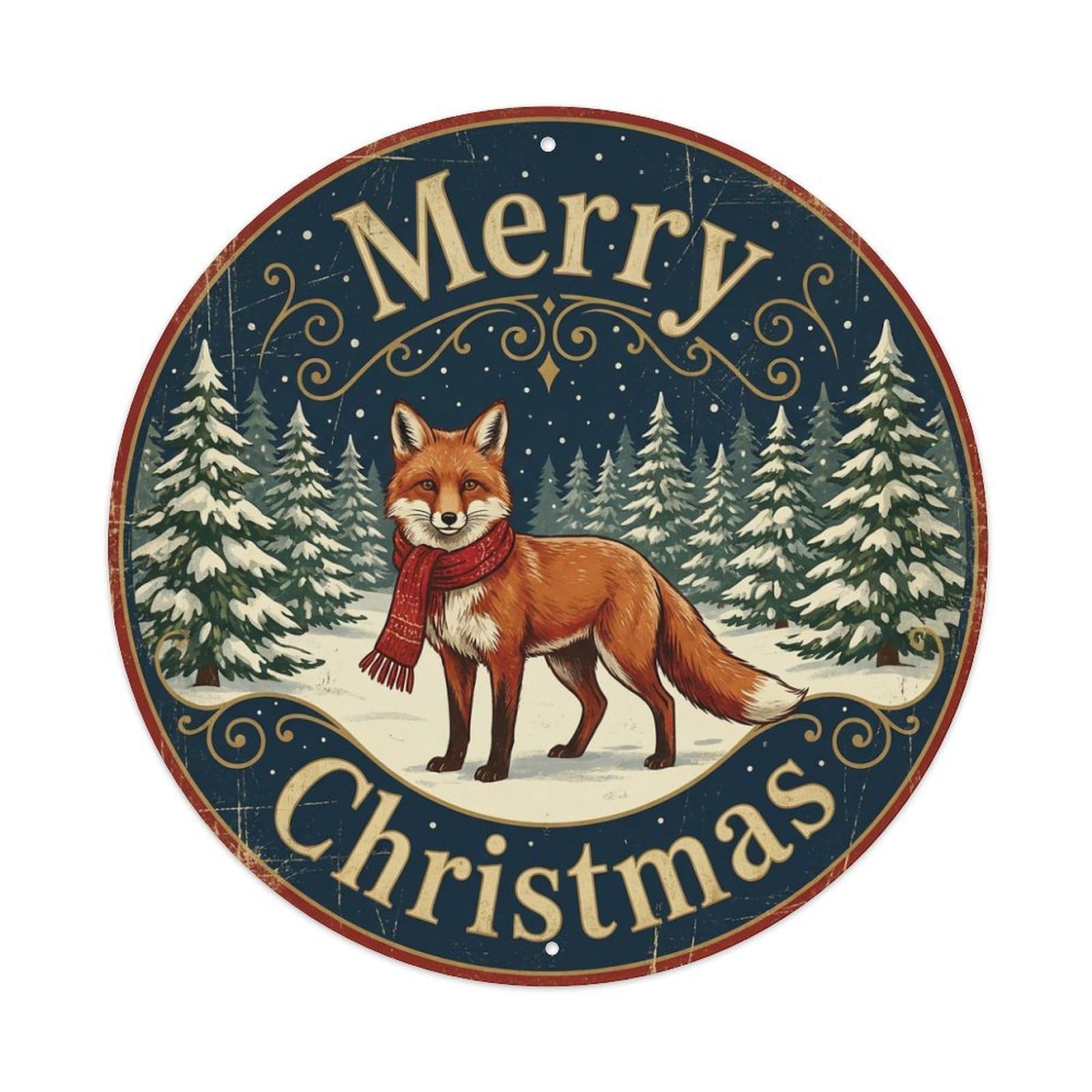 Merry Christmas Fox Winter Forest Metal Tin Sign