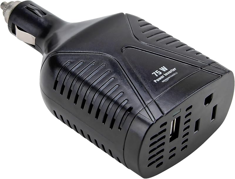 Amazon Basics Inversor de corriente portátil para automóvil de 75 W, 12 V a 110 V, puerto de carga USB, salida de CA para vehículos, negro, 5,07 x 2,65 x 1,6 pulgadas