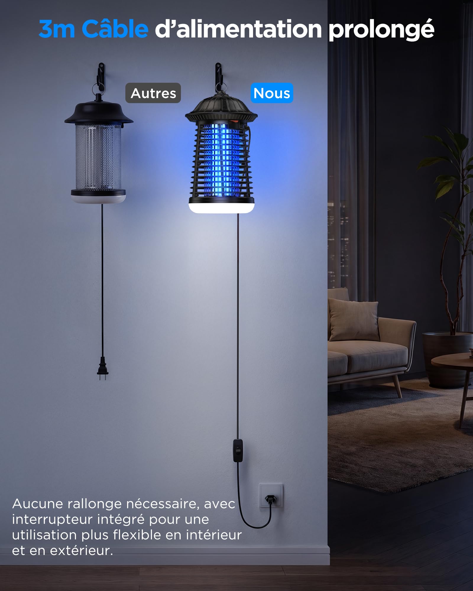VIWAVE Lampe Anti Moustique avec éclairage LED, 15 W Piege a Mouche Puissante 4200V, Tueur d'Insectes électrique IPX4 étanche, Câble de 3m, Couverture de 150 m², pour Intérieur et Extérieur