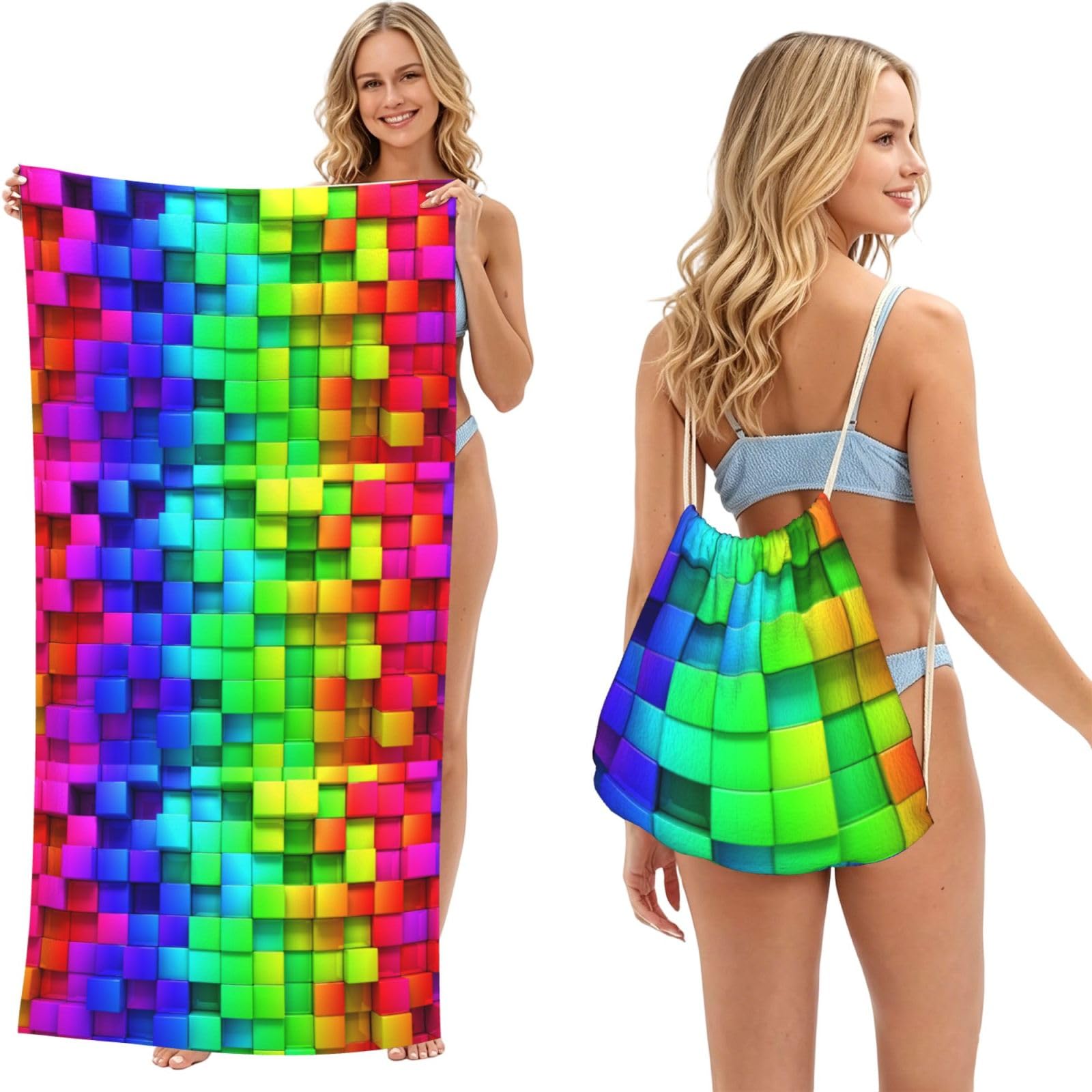 Poadnly As Picture Rainbow Color Plaid, 2 In 1 Packable Towel Bag, Beach Towels With Drawstring Backpack For Travel Holiday Camping