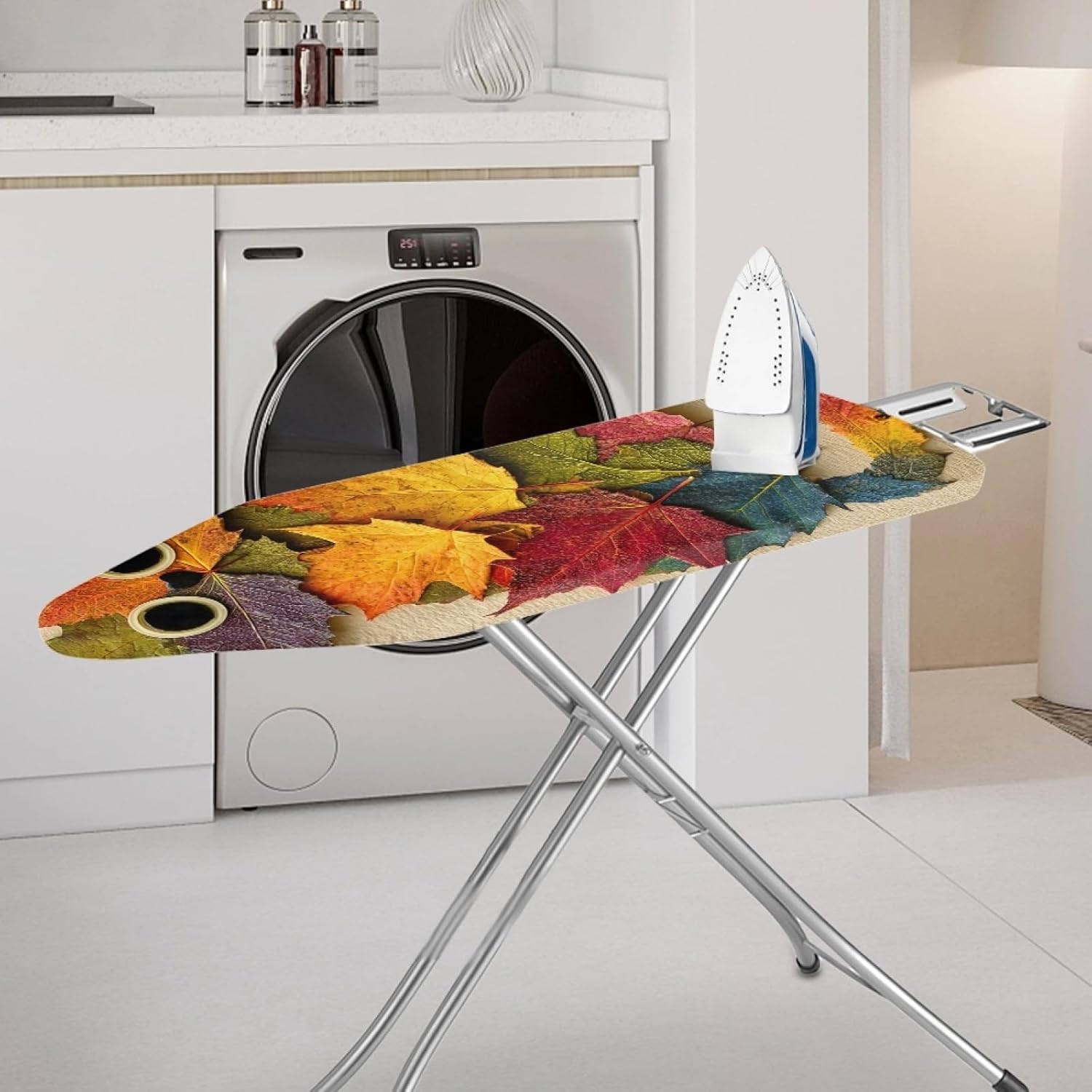 Ironing Board Cover 14x48 Multicolor Leaves Iron Board Cover with Padding Heat Reflective,Scorch Resistant Thick Padding,Snug Fit Non-Slip Nose Pocket Fastener Straps Elastic Edges