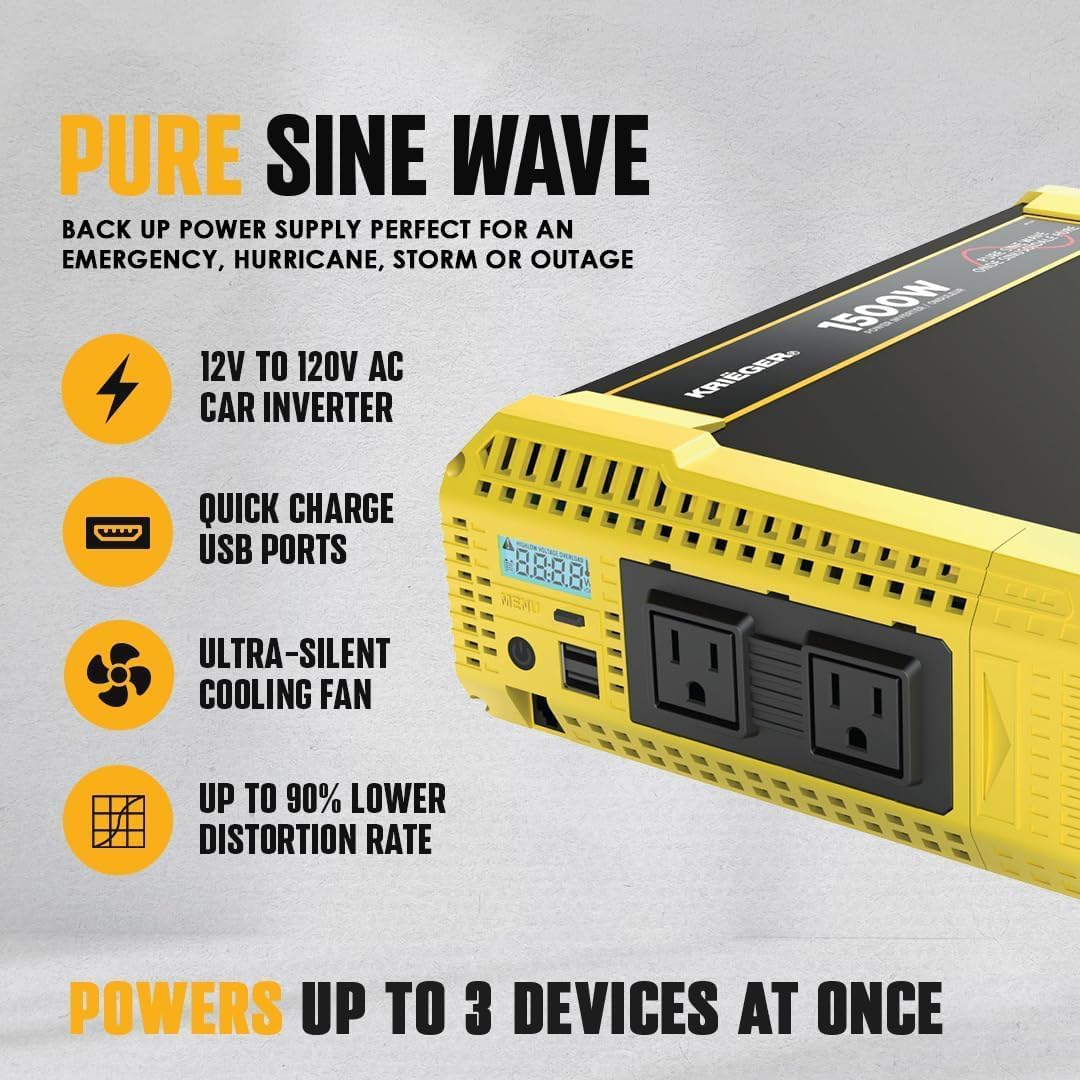 Krieger 1500 Watt 12V Pure Sine Inverter Dual AC Outlets & USB, Installation Kit Included, Automotive Portable Power for Tools, Camping & Car Accessories - ETL Approved