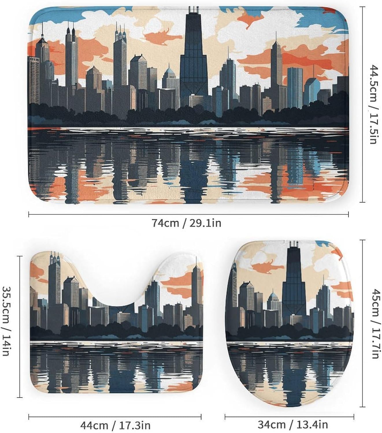 Chicago Skyline Shower Curtain Set 4 Piece, Non-Slip Bath Mat with Toilet Lid Cover and Waterproof Shower Curtain with 12 Hooks, Complete Bathroom Set for Home Decor