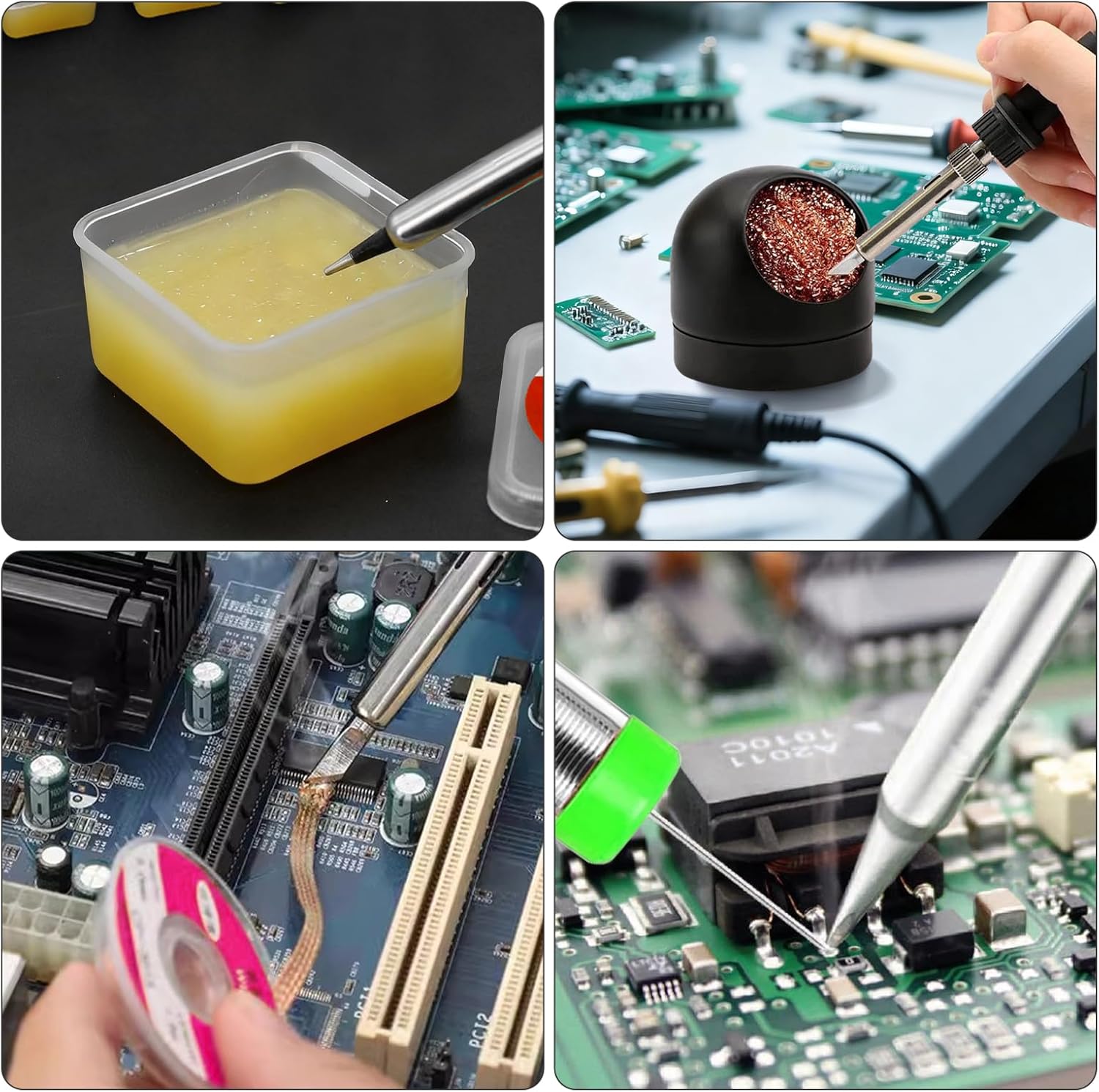 6-in-1 solder kit, soldering iron tip cleaner +1.0mm solder wire(11g*2pcs)+Rosin Solder Flux Paste (1.75 oz/50g), desoldering wick (2.5 * 3.0mm,9.8ft) Stainless steel scraper stir welding tool