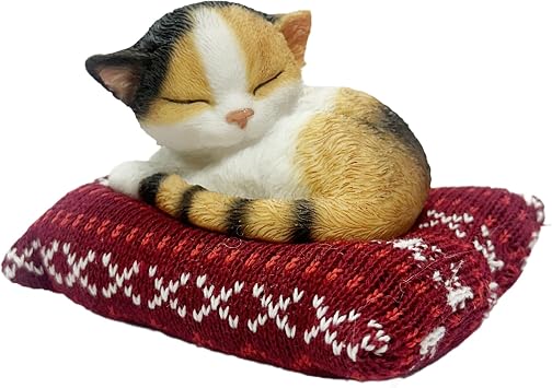 Natures Mark Sleeping Calico Cat Figurine on Red Knit Pillow 3.15" H Realistic Hand-Painted Resin Kitty Statue Cozy Home Decor for Cat Lovers & Pet Memorial