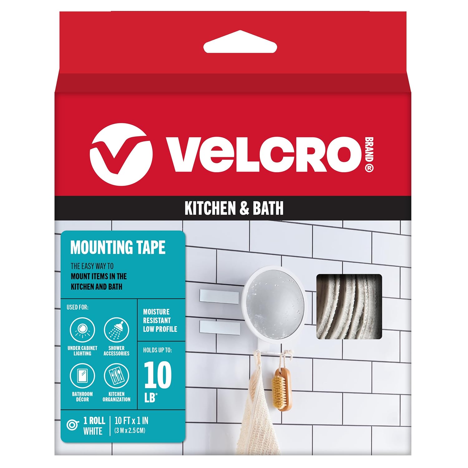 VELCRO Brand Kitchen and Bath Mounting Tape. Moisture Resistant Thin Design for Flush Mount. 10ft Heavy Duty Roll Holds 10 pounds. Easy Peel and Stick Application, White