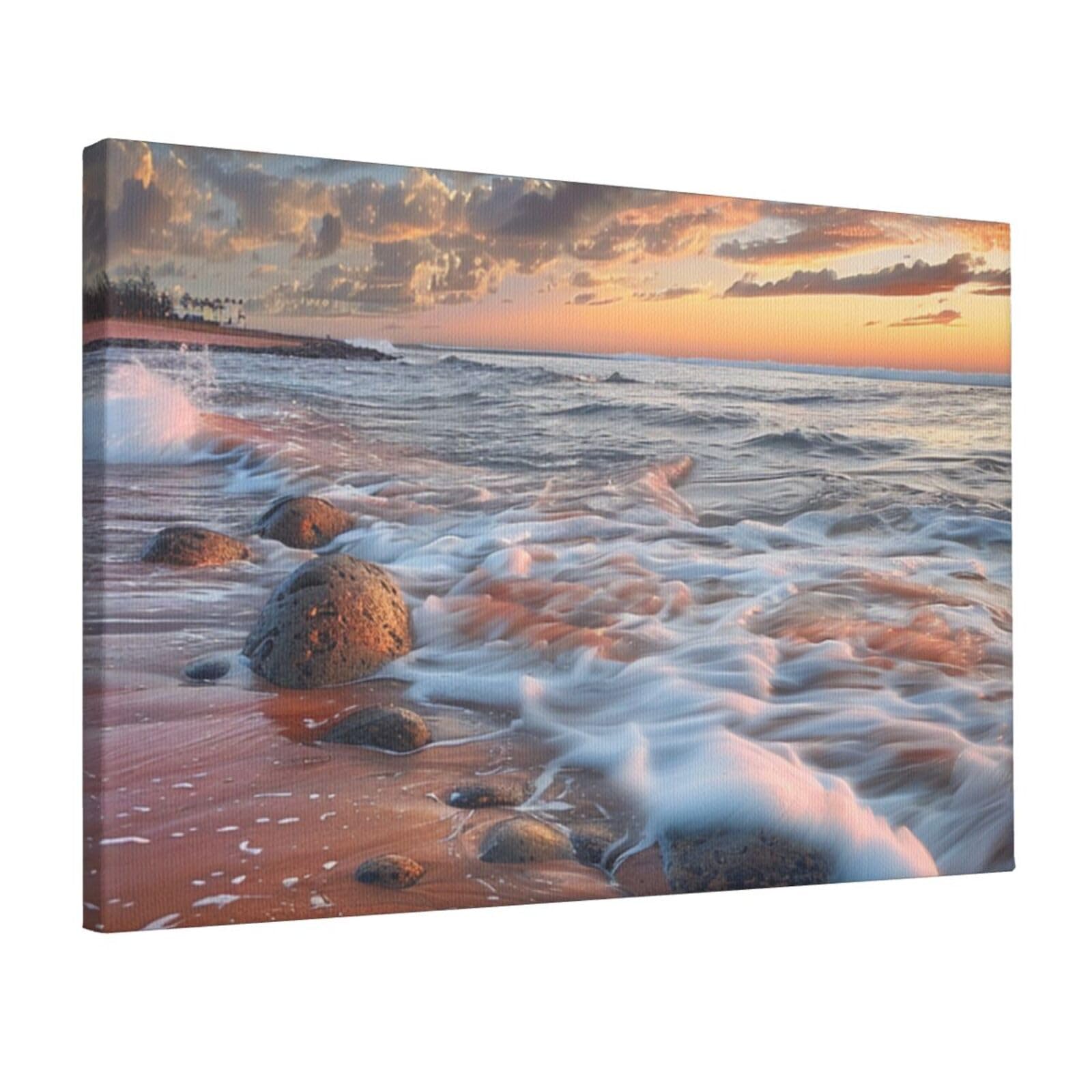 YKLJG Beach Maui Hawaii Sunset Sea Waves Clouds Printed Wall Art Canvas Prints 45x30 CM Wooden Framed Picture Painting Artwork for Bedroom Kitchen Home Office Decor