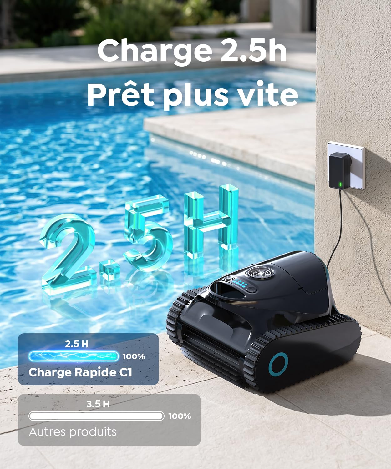 C1 Robot de Piscine Fond et Parois,180 Min,Noir et Blanc | Double Filtre,Robot Piscine sans Fil, 7 Modes Nettoyage,180 Min d'Autonomie, Puissant Aspirateur pour Piscines jusqu'à 150 m²