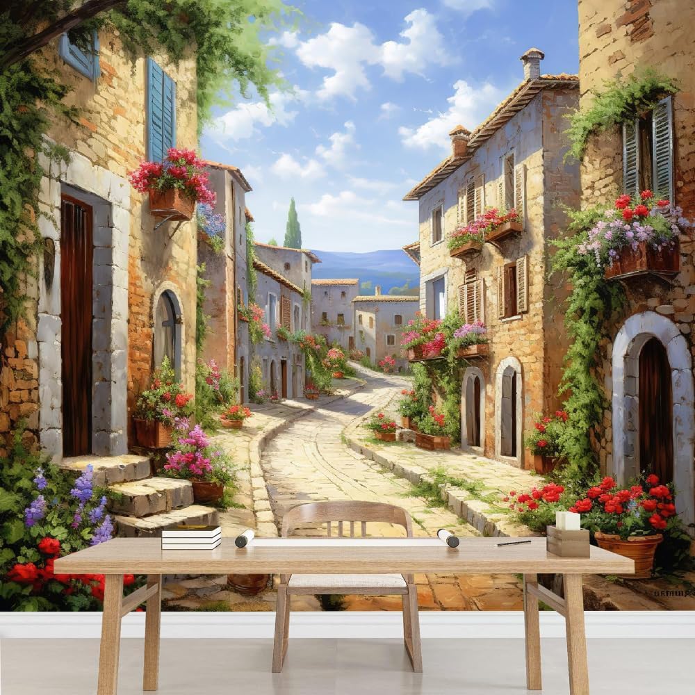 Danhuang Beautiful Streets Wallpaper Murals 3D Modern Ancient Buildings Towns Wall Murals Peel and Stick Removable Self-Adhesive PVC Wall Stickers for Nursery Kids Bedroom Tv Wall Decor,47" W x 32" H