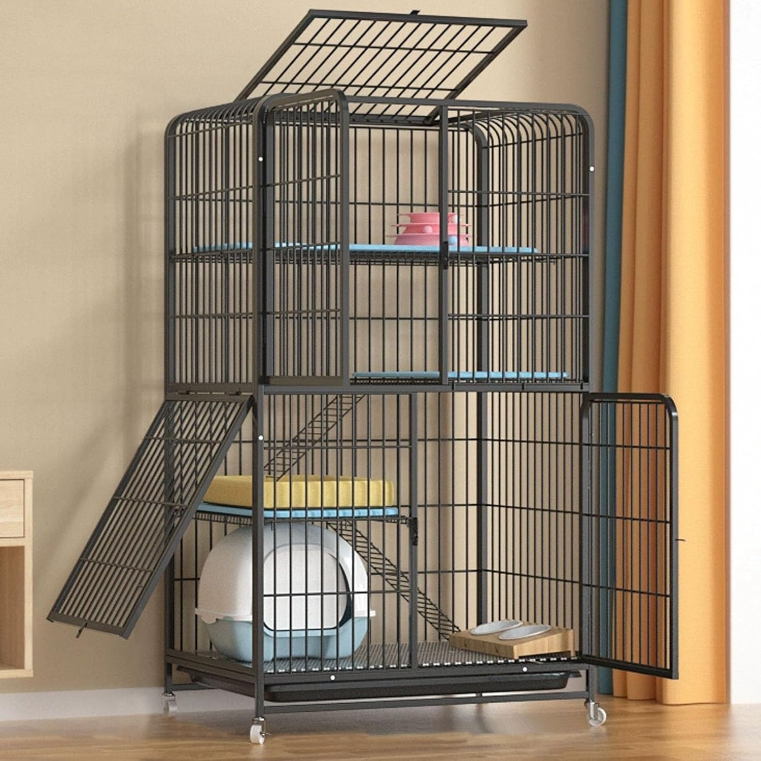 Indoor Metal Cat Enclosure, Large Cage for Cats, Indoor, Encrypted Mesh Pad, with Universal Wheel Design(Color:Default)