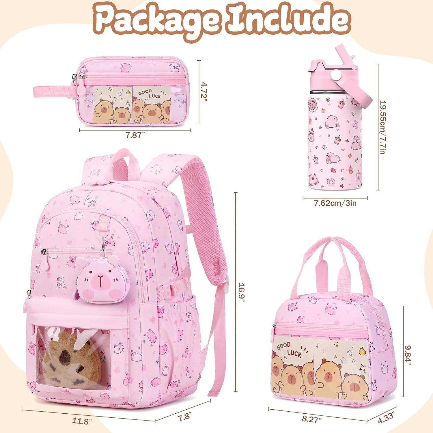 Capybara Theme Backpack with 14OZ Insulated Water Bottle Lunch Bag & Pencil Case, Cute Girls Backpack for School, Kawaii Bookbag for Girls Kindergarten Elementary School