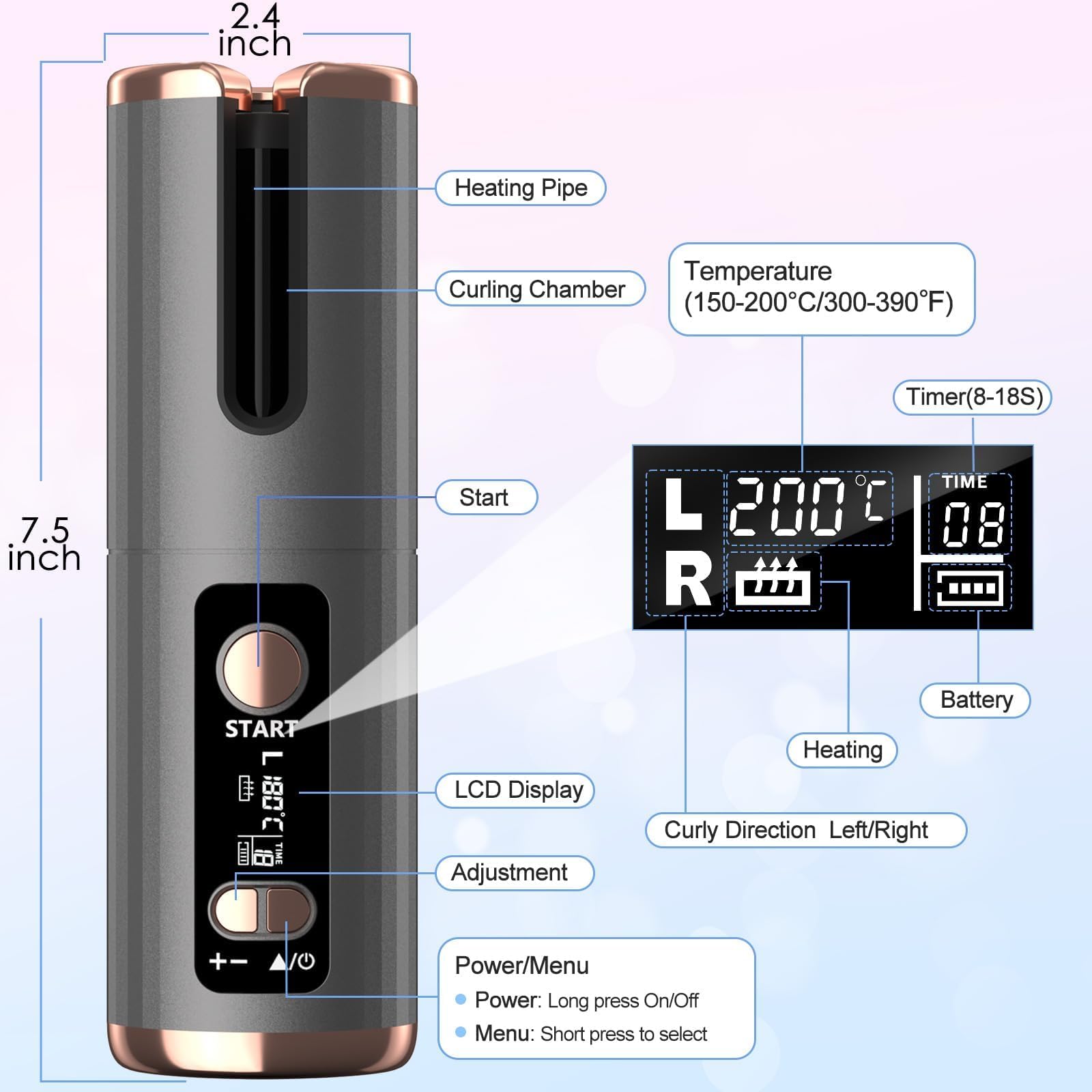 Rizador de Pelo Automático USB Recargable Portátil, 6 Temperaturas 150-200ºC, Temporizador 8-18s, Revestimiento Cerámica Turmalina, Apagado Automático