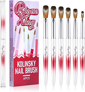 6PCS Acrylic Nail Brush Set, Kolinsky Hair, Oval Crimped Pressed Shaped, Red Metal Handle, Professional Manicure for DIY Home Salon - Sizes 4/8/10/12/14/16