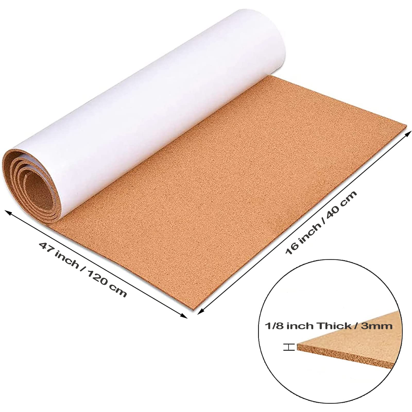 Rollo de Corcho Autoadhesivo para Tablón de Anuncios - 3 mm de Grosor, 40 x 120 cm - para Pared, Oficina, Hogar, Cocina, Tablero de Pósteres