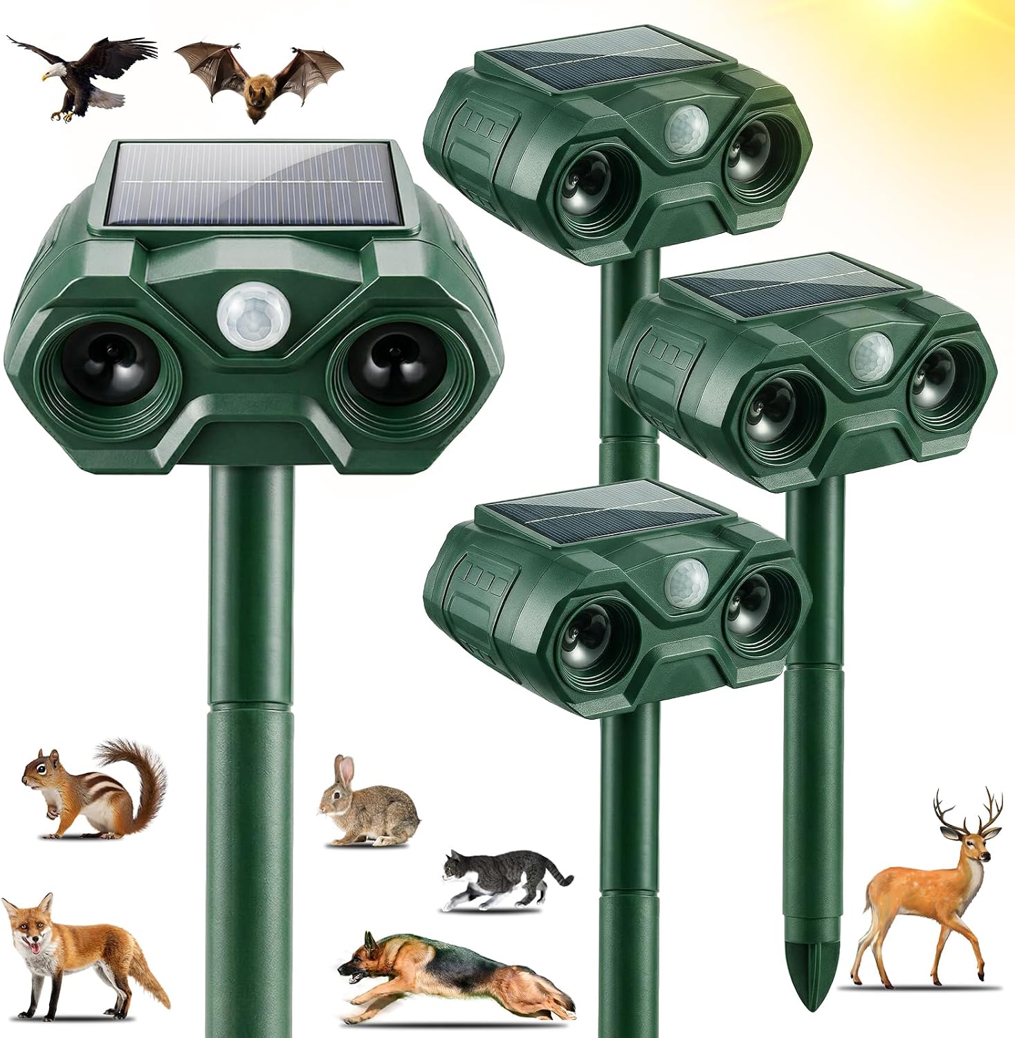 2026 Solar Animal Repellent Outdoor 4PCS Deer Repellent Devices Waterproof Cat Repeller Rabbit Deterrent Control Coyote Raccoon Deterrents Light Animal Repeller with Motion Sensor for Yard Garden
