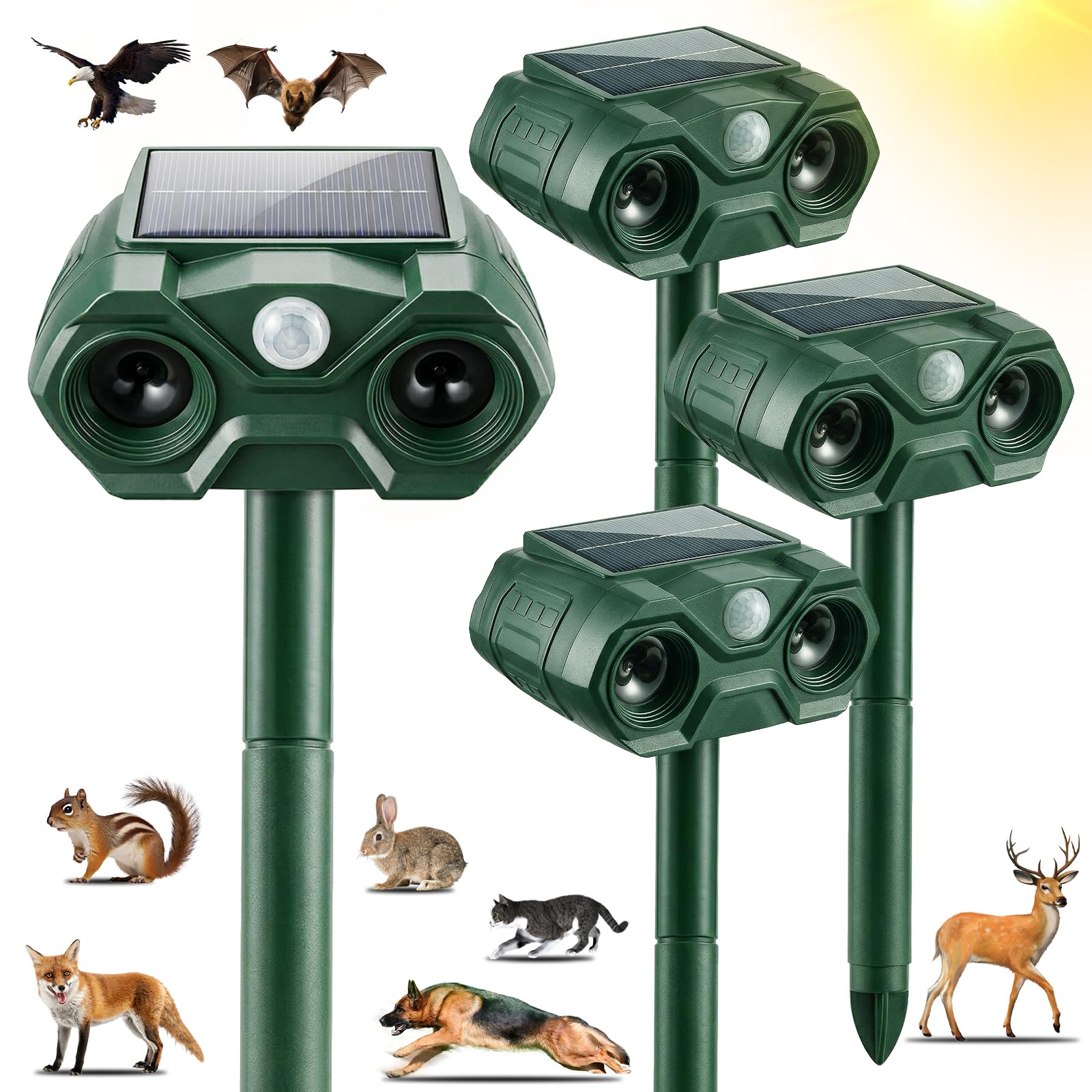 Solarbetriebene Tierabwehr für den Außenbereich, USB wiederaufladbar, Katzenschreck für den Außenbereich und Hirsch, Kojotenabwehr, Stinktierabwehr, Waschbär, Fuchs, Licht-Tiervertreiber mit