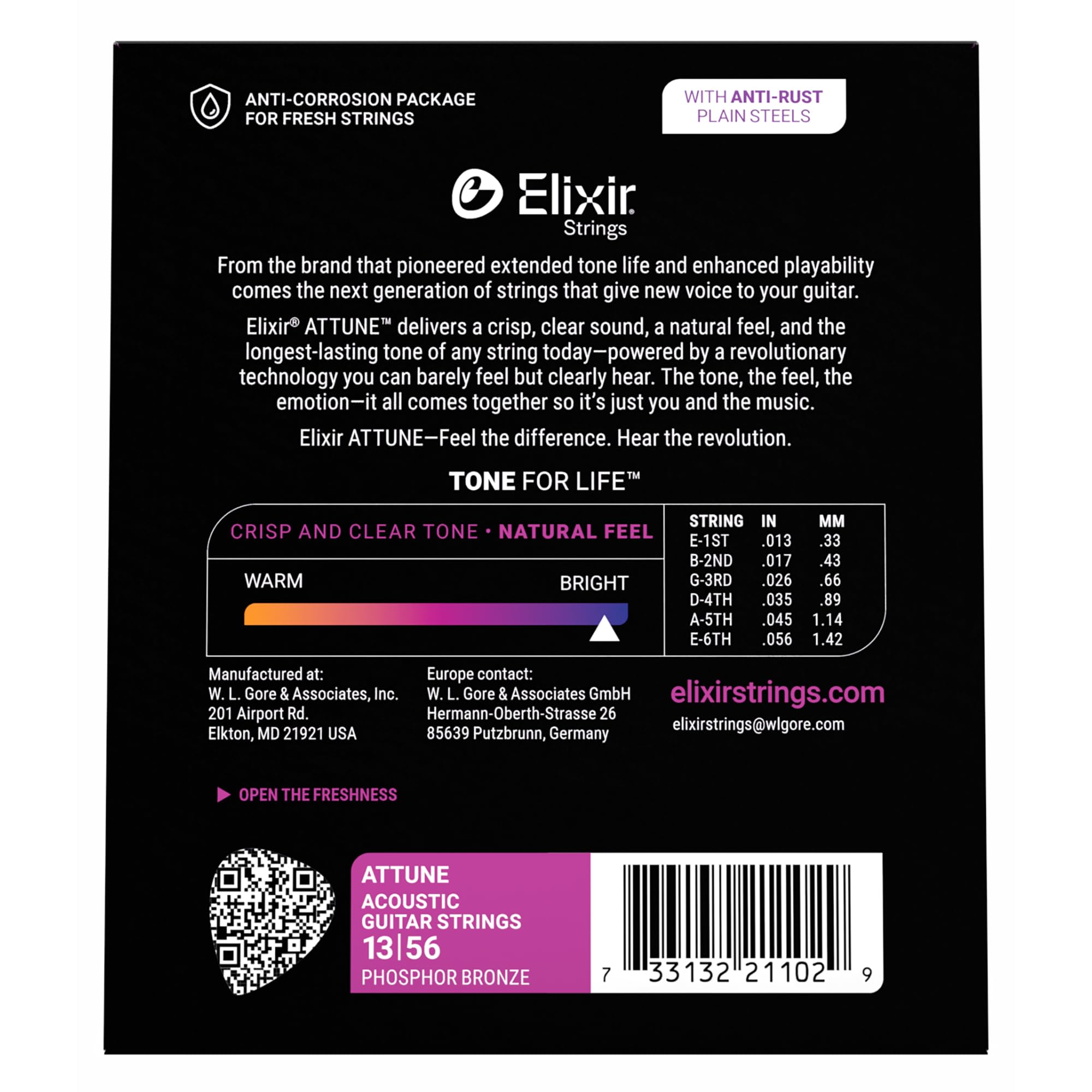 Elixir Strings, ATTUNE Akustikgitarrensaiten, Phosphorbronze, langanhaltend klarer und brillanter Klang mit natürlichem Spielgefühl, 6-Saiten-Set, Medium 13-56