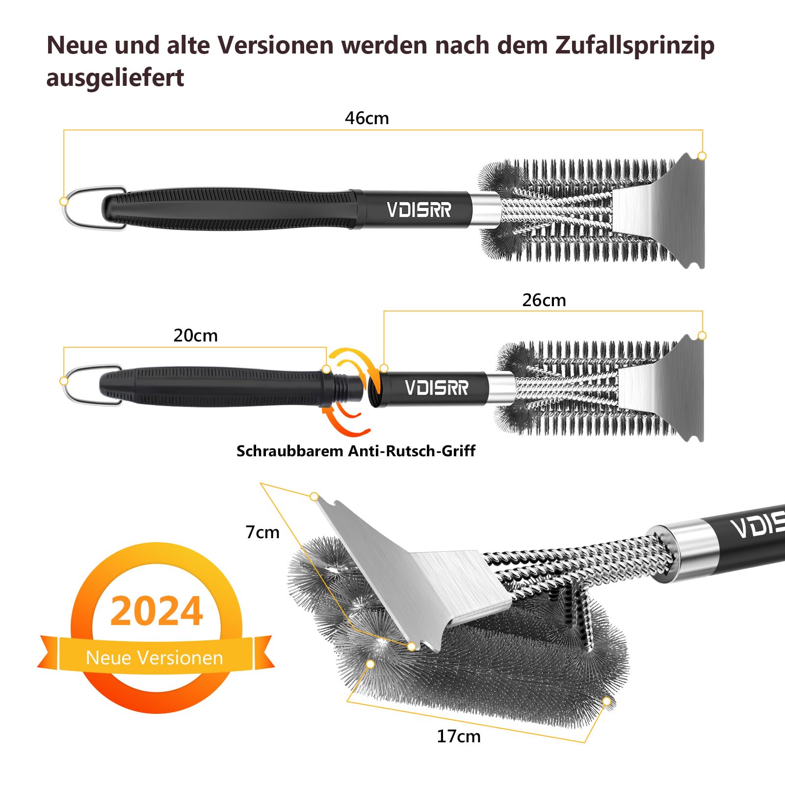 Set 3 Spazzole Per Barbecue - Acciaio Inox Con Raschietto E Manico Lungo Anti-calore - Foto 2