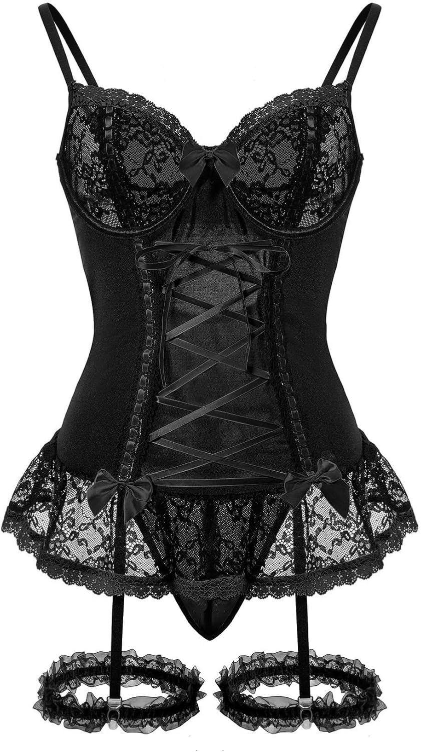 Sexy Mesh Corset Ruffle Lace Up Underwire Sheer Garter Belt Babydoll Lingerie Set With Thong 3 Piece Women