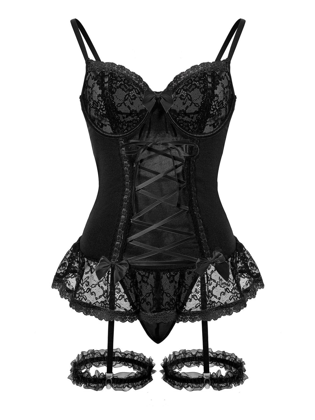 GXNRHG Corsé de Malla Sexy con Volantes y Encaje con Aros, Liguero Transparente, picardías, Conjunto de lencería con Tanga, 3 Piezas