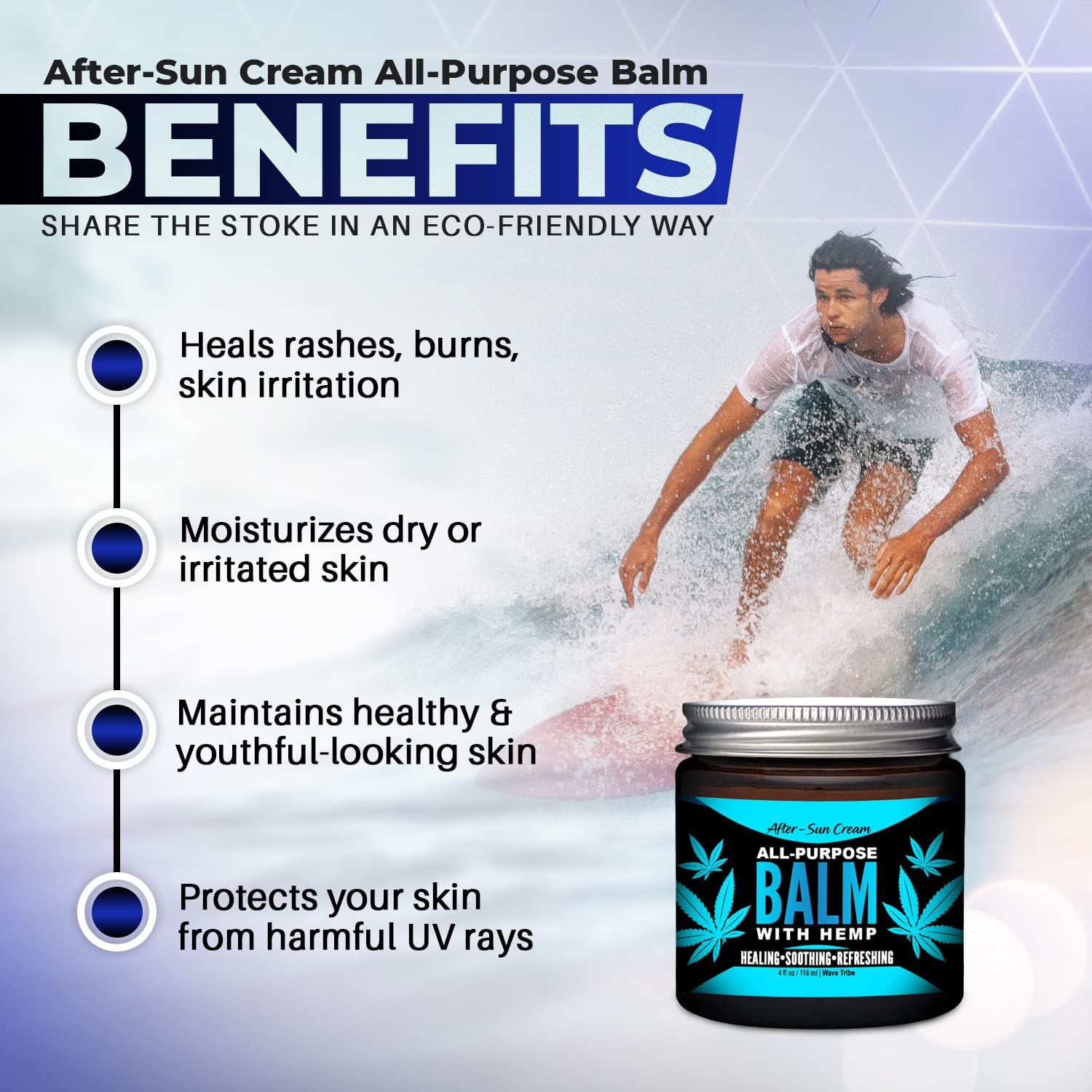 Wave Tribe After Sun Cream with Hemp - 4 oz Organic After Sun Care, Multi-Purpose After Sun Lotion For Your Face & Skin, Sunburn Relief, After Sun Moisturizer, Natural Ingredients, Made in USA