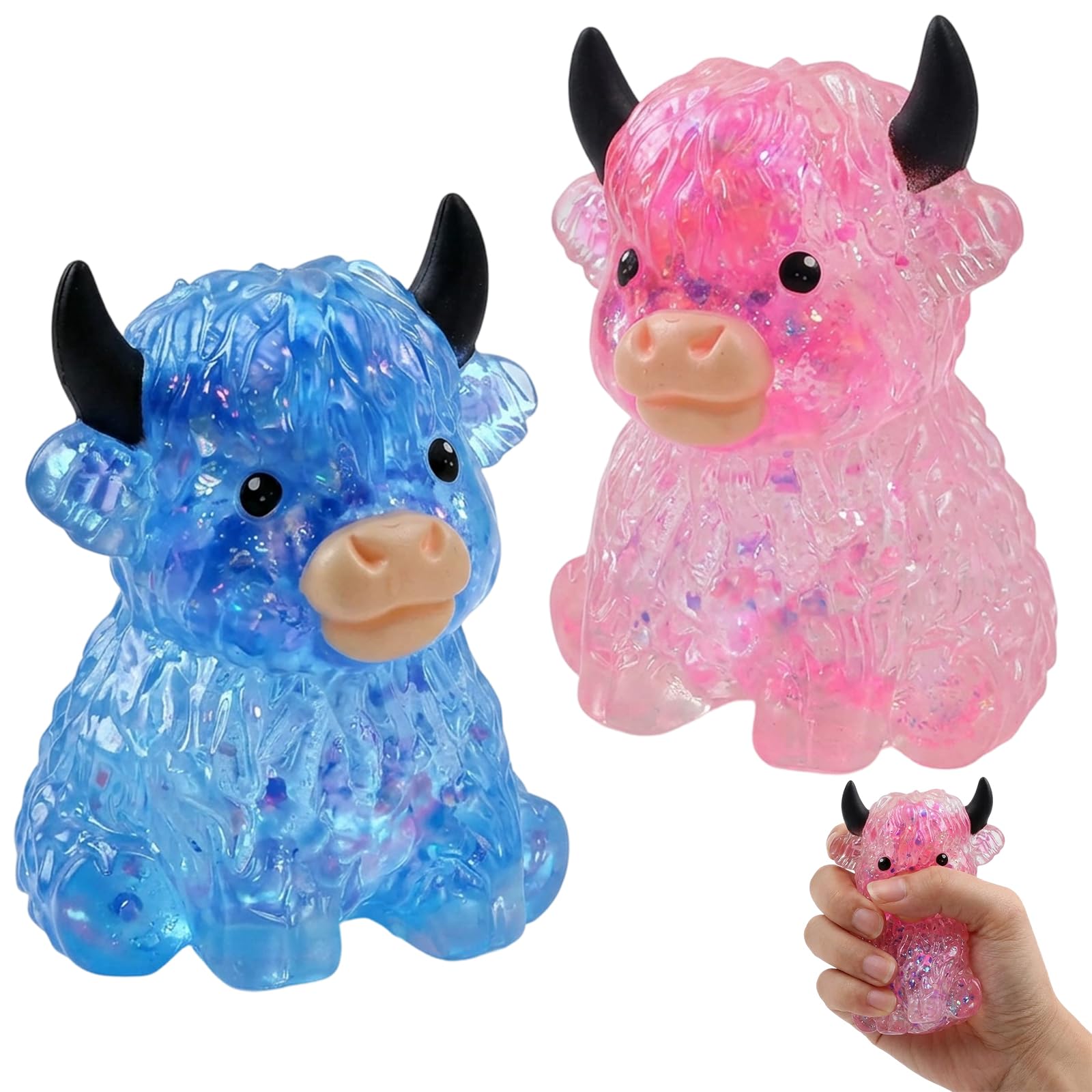 2pcs Highland Cow Squishy Cow Squishy, Soft Texture, Two Piece Set in Blue and Pink Colours, Cute Cattle Animal Stress Ball Cow Squeeze Stress Ball