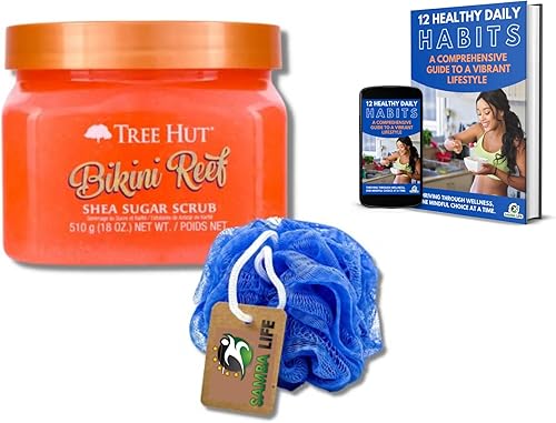 Tree Hut Sugar Scrub Bikini Reef Bundle con esponja de baño y ducha de malla Samba Life para un exfoliante corporal y libro electrónico.