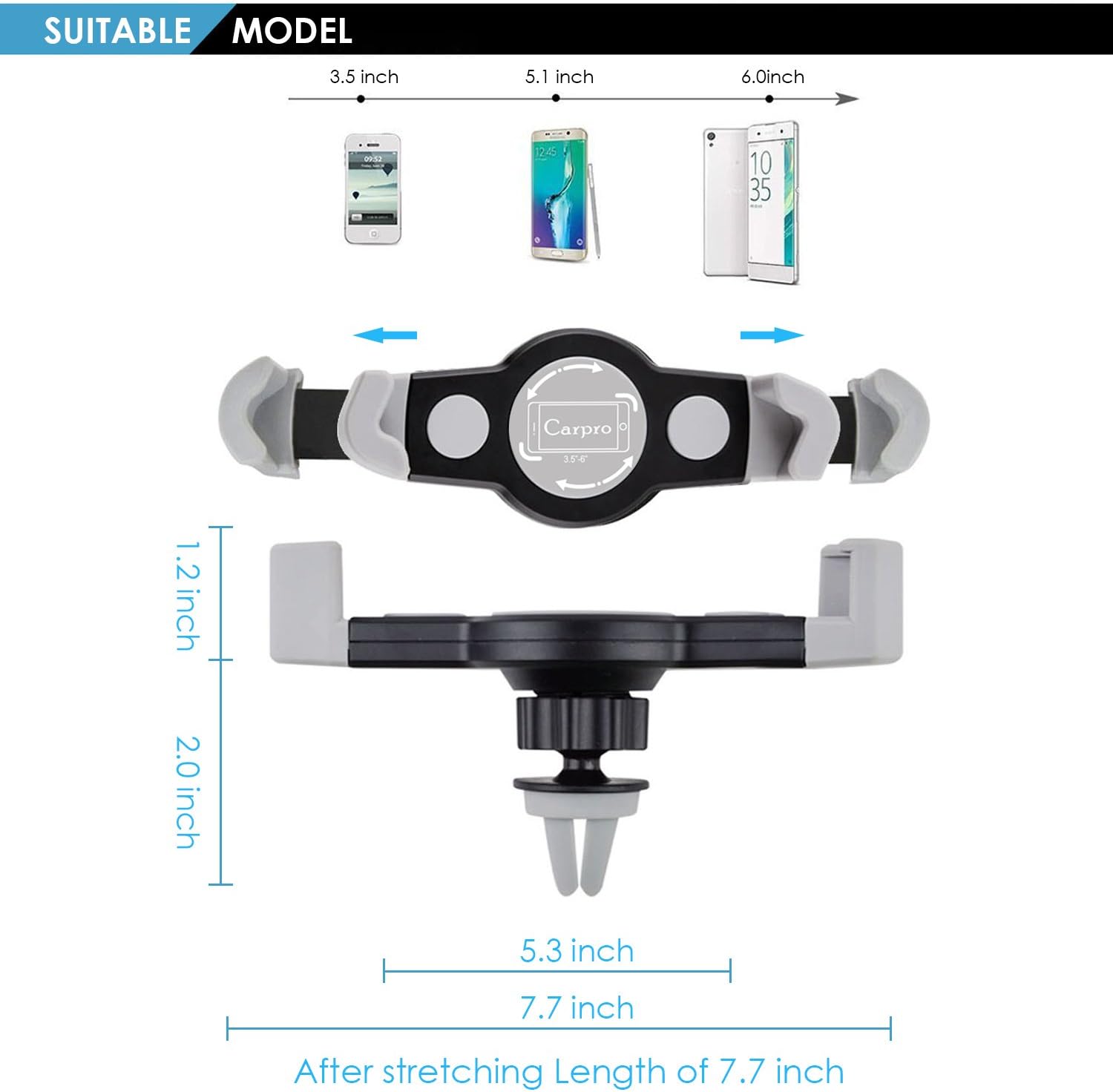Cell Phone Holder for Car, Air Vent and Windshield Long Arm Car Phone Mount with One Button Design Car Holder for iPhone X/8/7/7P/6s/6P/5S, Galaxy S5/S6/S7/S8, Google, LG, Huawei and More
