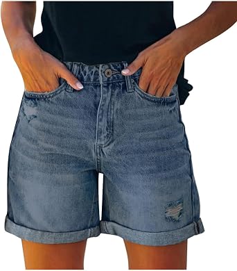 LRMQS Jean Shorts for Women High Waisted Distressed Ripped Stretchy Trendy Lightweight Summer Casual Rolled Hem Denim Shorts