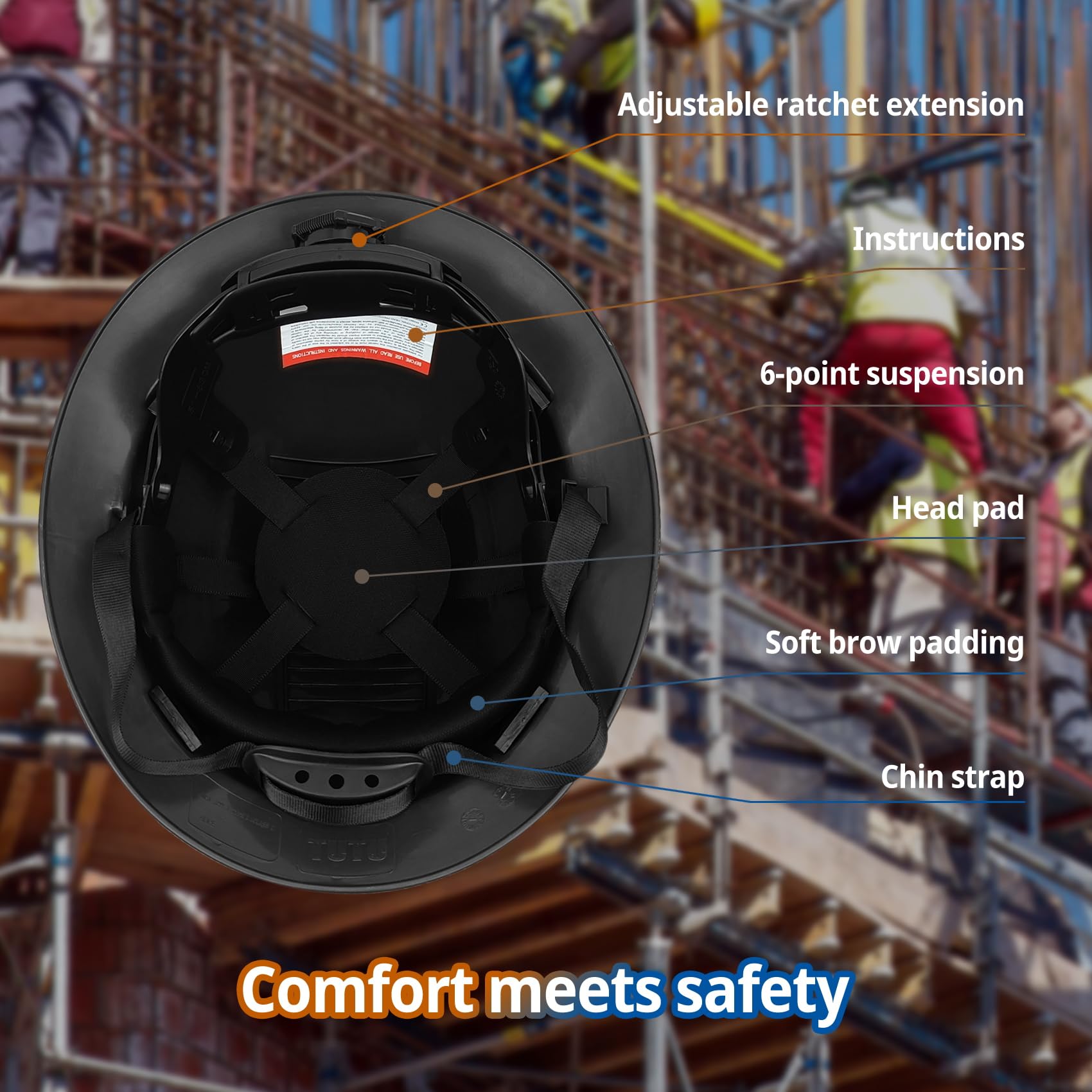 Kask ochronny z pełnym rondem - OSHA kask ochronny trwały, lekki włókno węglowe, 6-punktowe zawieszenie z grzechotką, sprzęt ochronny dla mężczyzn i kobiet